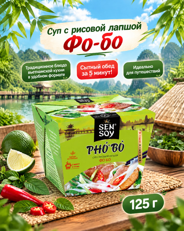 Суп с рисовой лапшой Фо-бо, Sen Soy, 125 г