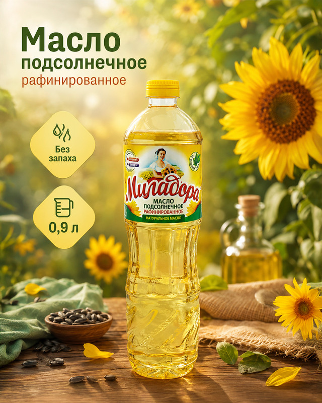 Масло подсолнечное рафинированное Миладора 0,9 л