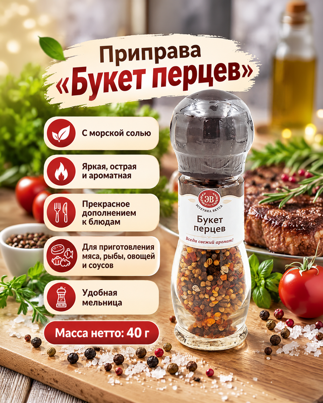 Приправа "Букет перцев" с морской солью, 40 г