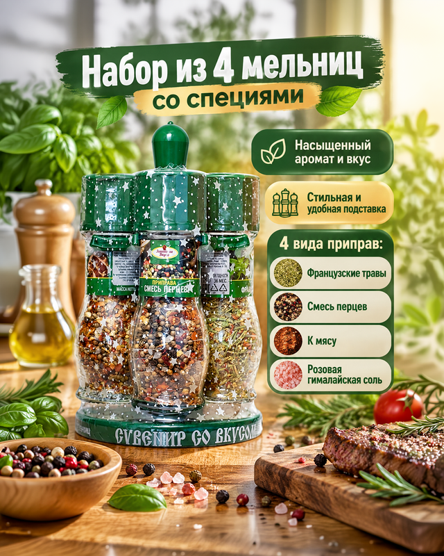 Набор из 4 мельниц со специями "Сувенир со вкусом"