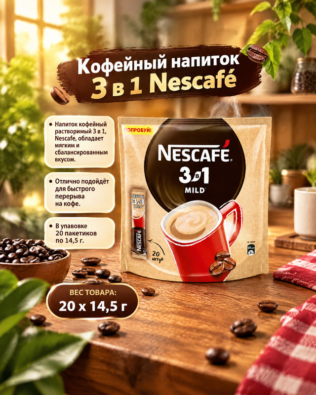 Напиток кофейный растворимый 3 в 1, Nescafe, 14,5 г, 20 шт.