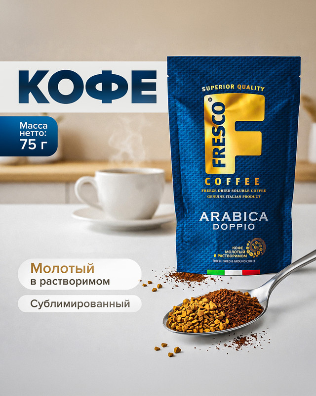Кофе сублимированный "Arabica Doppio", Fresco, с добавлением натурального кофе, 75 г