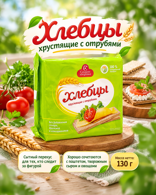 Хлебцы хрустящие с отрубями, Секрет здоровья,  130 г