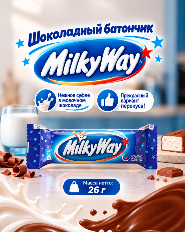 Батончик шоколадный, Milky Way, 26 г, в ассортименте