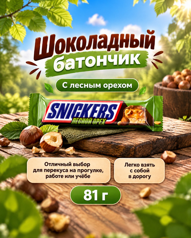 Шоколадный батончик, Snickers, лесной орех, 81 г