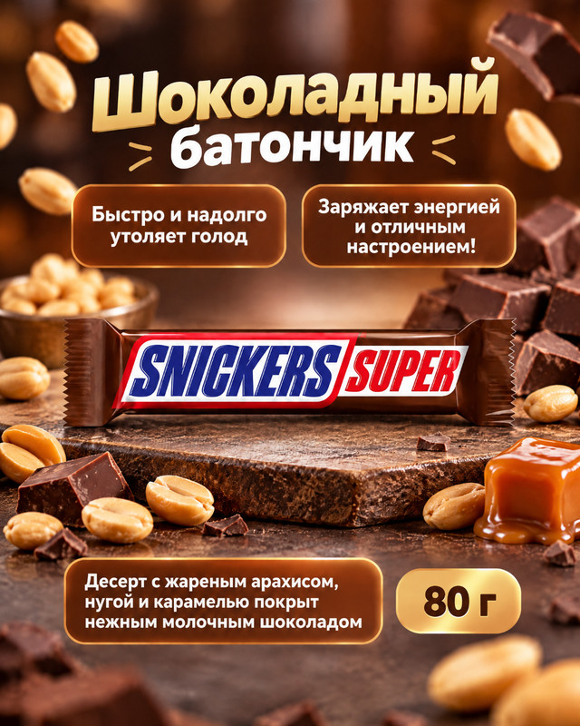 Шоколадный батончик "Super", Snickers, 80 г