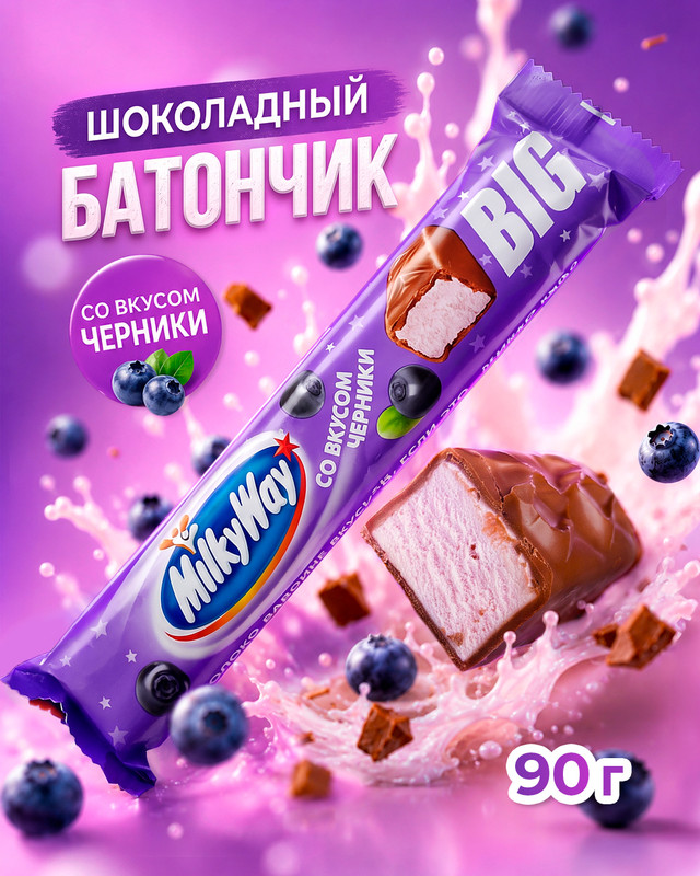 Шоколадный батончик "BIG", Milky Way, черника, 90 г