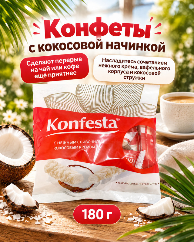 Конфеты с кокосовой начинкой, Konfesta, 180 г