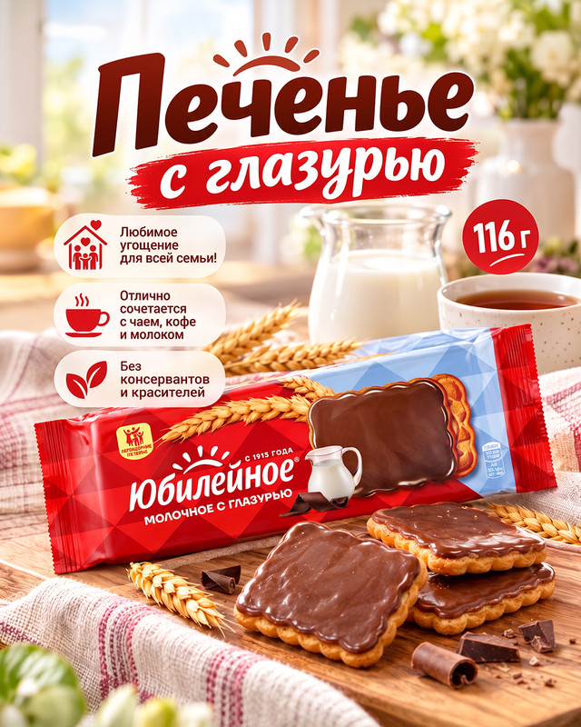 Печенье, Юбилейное, с глазурью, 116 г, в ассортименте
