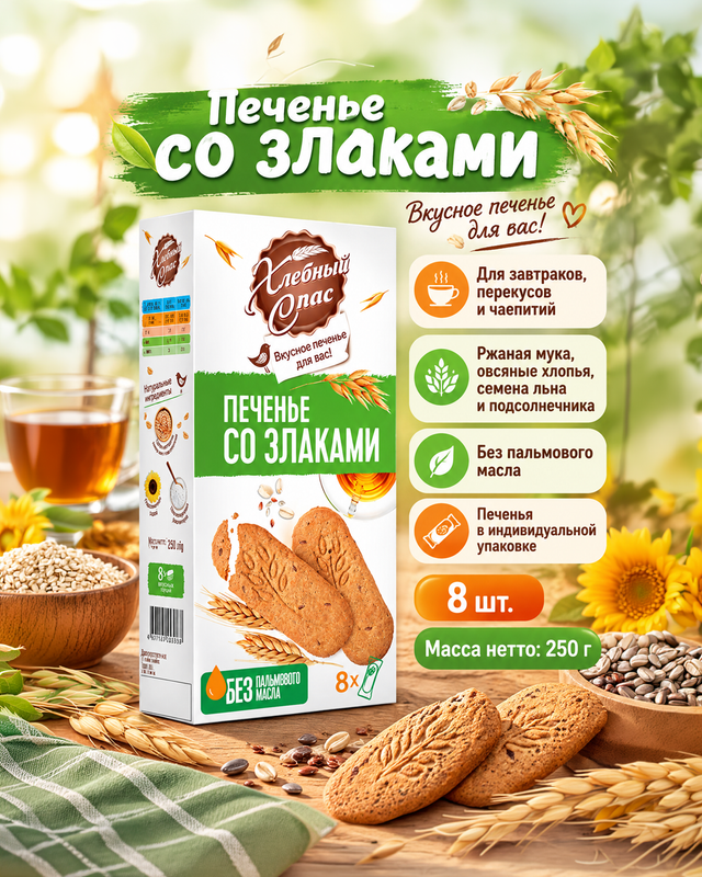 Печенье со злаками, Хлебный Спас, 250 г