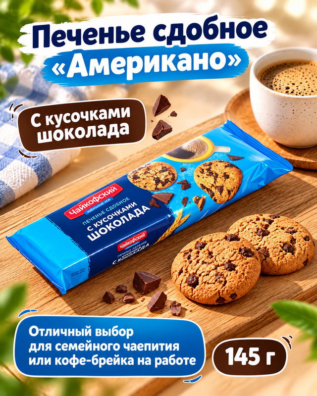 Печенье сдобное "Американо", Чайкофский, с кусочками шоколада, 145 г