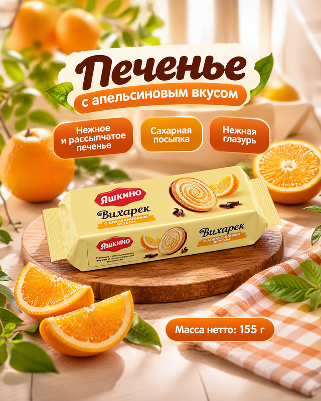 Печенье с апельсиновым вкусом "Вихарёк", Яшкино, 155 г