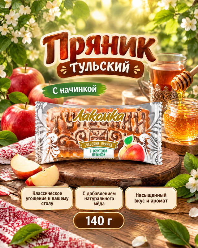 Пряник тульский "Лакомка", 140 г, с начинкой, в ассортименте