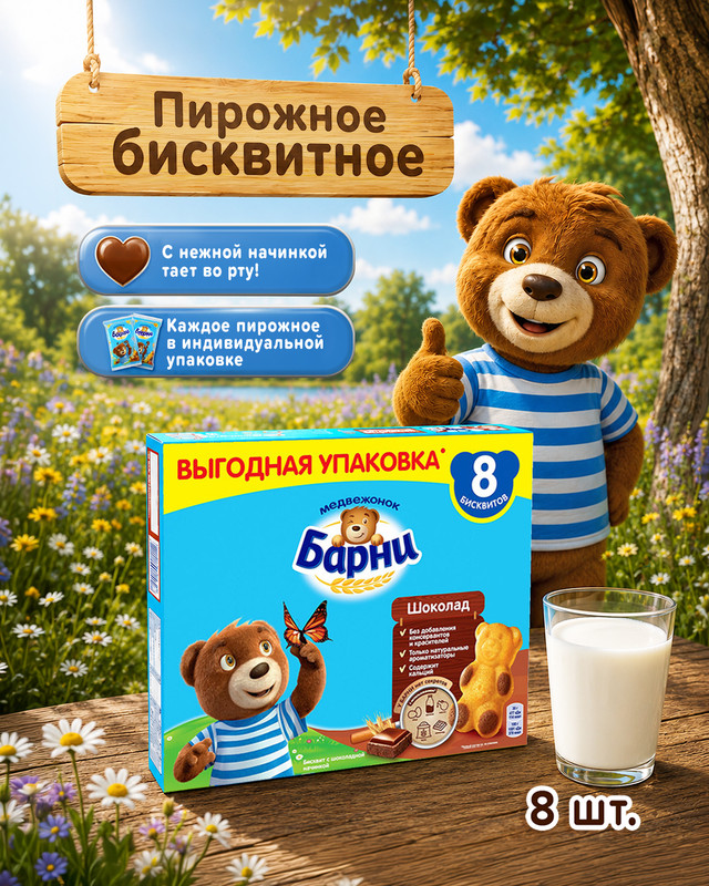 Пирожное бисквитное "Медвежонок Барни", 240 г, в ассортименте