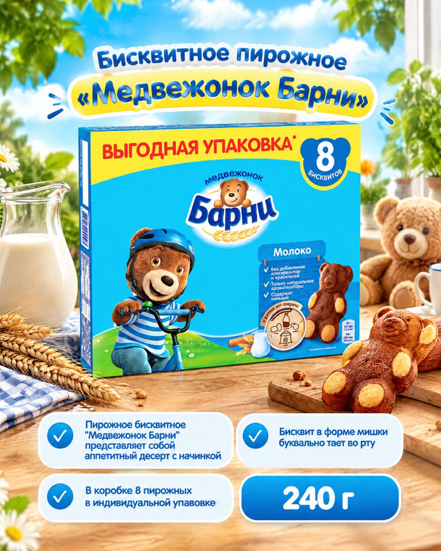 Пирожное бисквитное "Медвежонок Барни", 240 г, в ассортименте