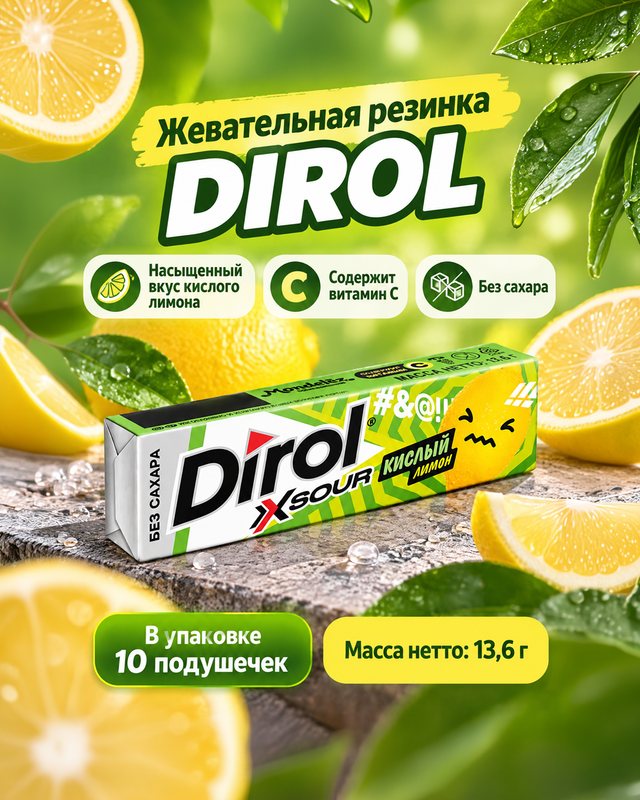Жевательная резинка "X SOUR", DIROL, кислый лимон, 13,6 г