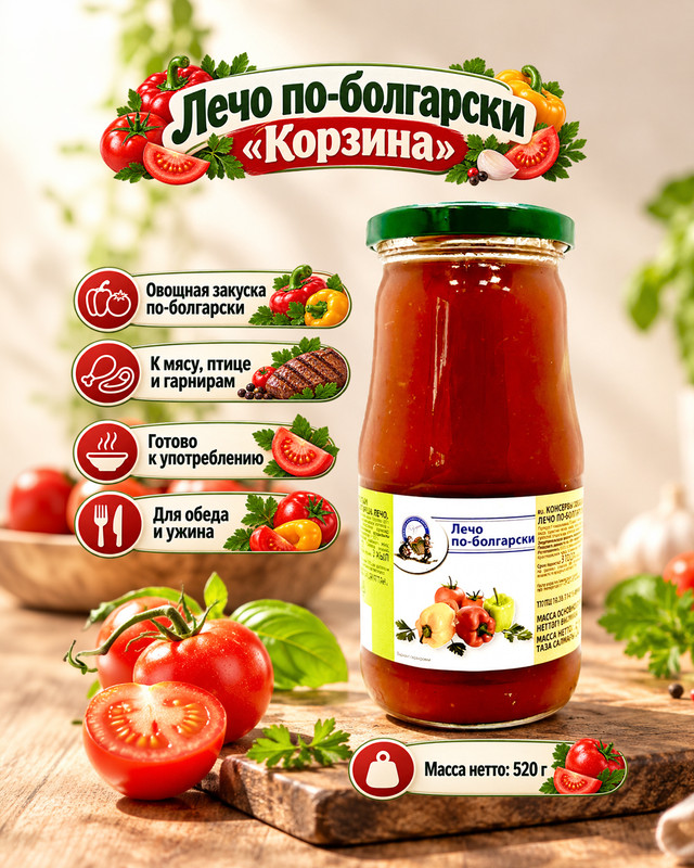 Консервы овощные "Лечо по-болгарски", Корзина, 520 г