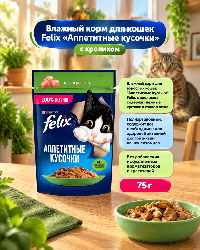 Влажный корм для взрослых кошек "Аппетитные кусочки", FELIX, с кроликом в желе, 75 г