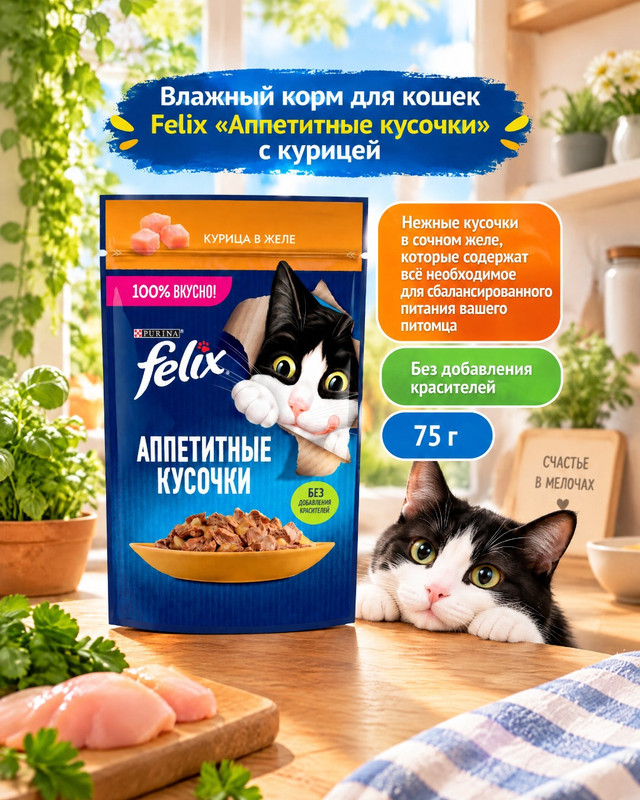 Влажный корм для взрослых кошек "Аппетитные кусочки", FELIX, с курицей, 75 г