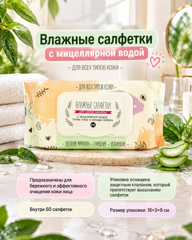 Влажные салфетки с мицеллярной водой, 60 шт., в ассортименте