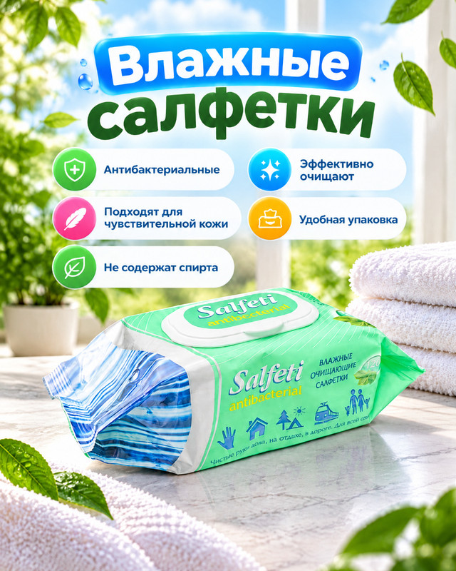 Салфетки влажные антибактериальные, 120 шт.