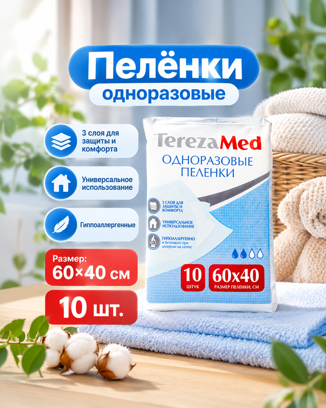 Пелёнки одноразовые, TerezaMed, 60x40 см, 10 шт.