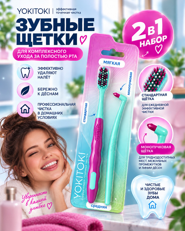 Зубная щётка "2 в 1", YOKITOKI, в ассортименте