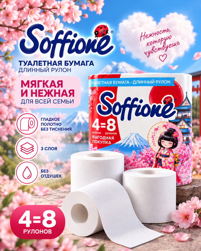 Туалетная бумага "Азия", Soffione, без тиснения, 3 слоя, 4 рулона
