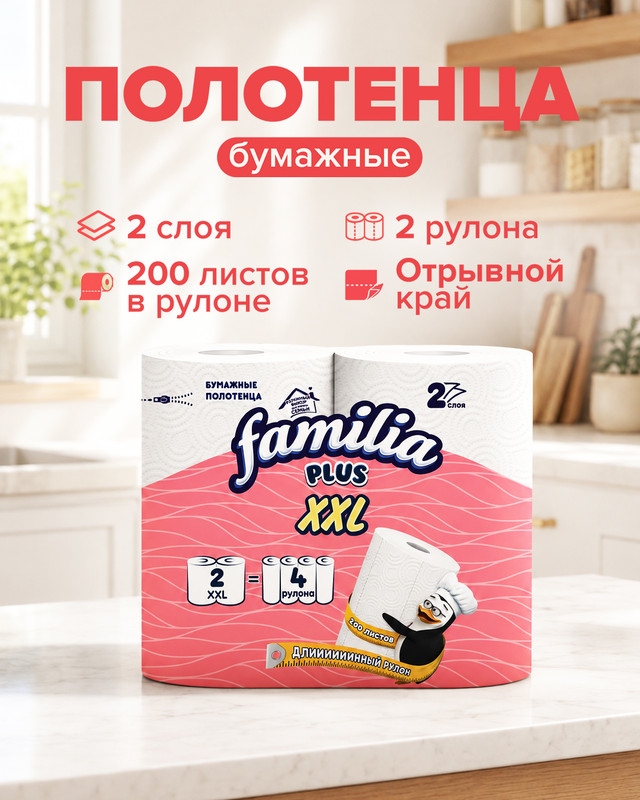 Бумажные полотенца, Familia, XXL, 2 слоя, 2 рулона