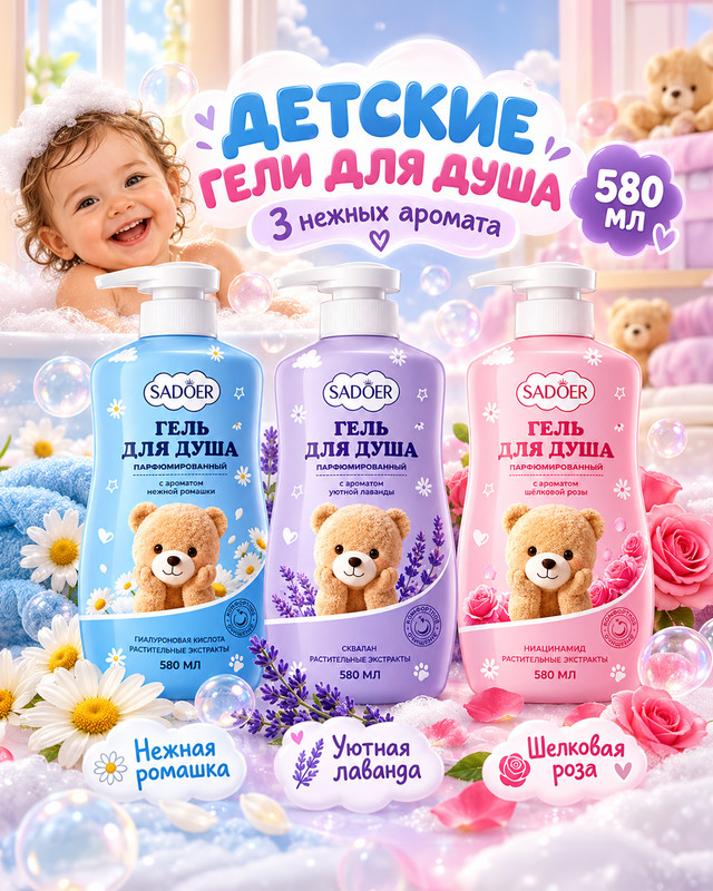Детский гель для душа парфюмированный, Sadoer, 580 мл, в ассортименте