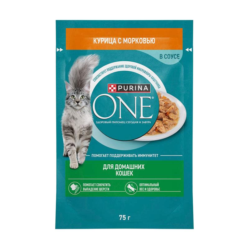 Влажный корм для взрослых домашних кошек, PURINA ONE, с курицей и морковью, 75 г