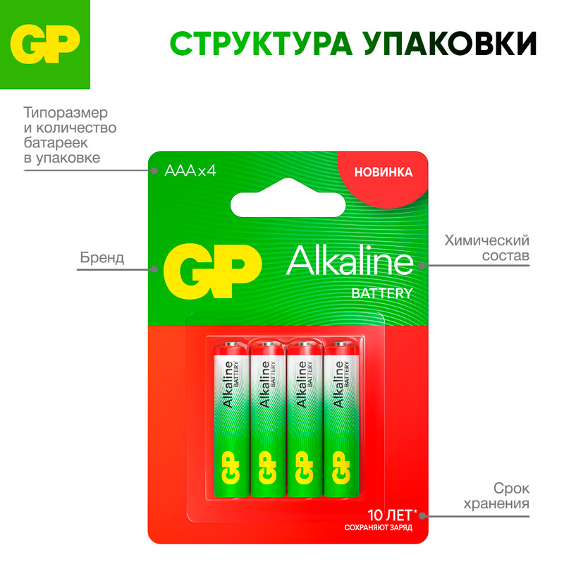Батарейки алкалиновые, GP, ААА, 4 шт.