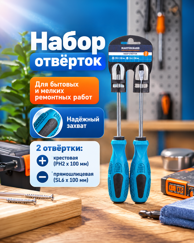 Набор отвёрток, Master Hand, 2 шт., в ассортименте