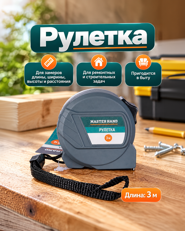Рулетка, Master Hand, 3 м, в ассортименте