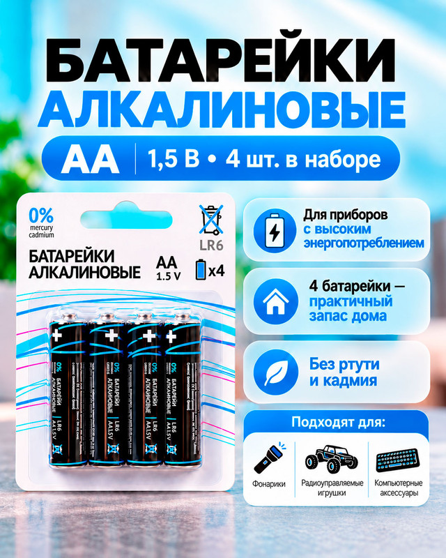 Батарейки алкалиновые АА, 4 шт.