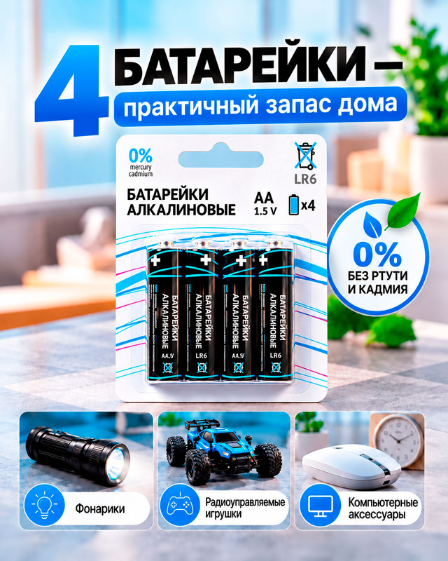 Батарейки алкалиновые АА, 4 шт.