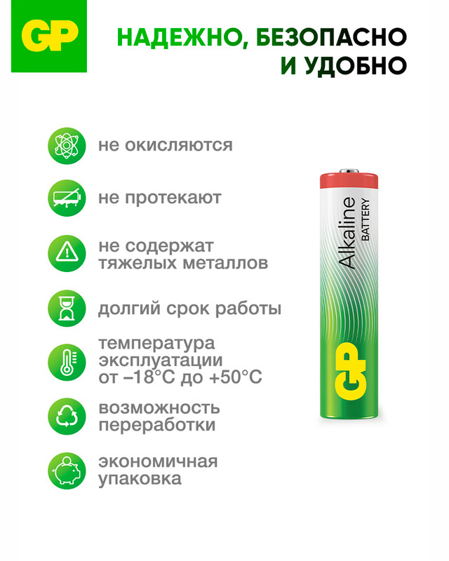 Батарейки алкалиновые, GP, ААА, 4 шт.