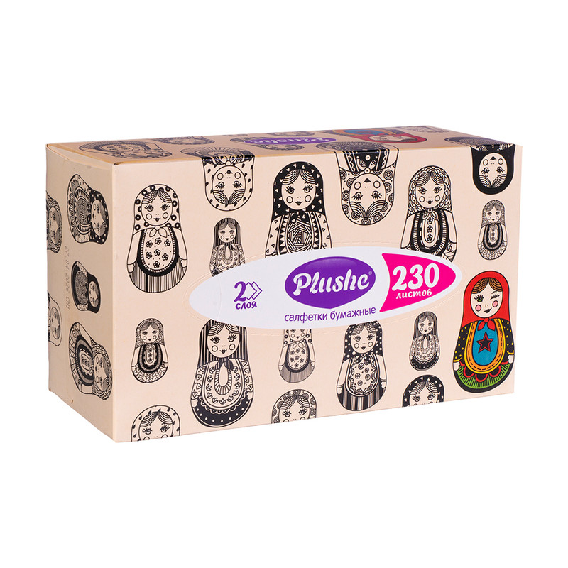 Салфетки бумажные, Plushe, 2 слоя, 230 шт., в ассортименте