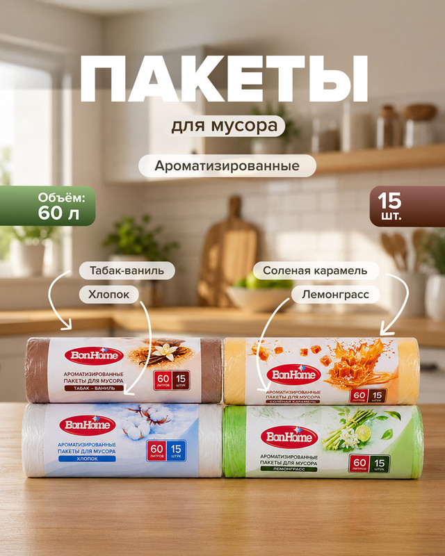 Пакеты для мусора ароматизированные, BonHome, 60 л, 15 шт., в ассортименте