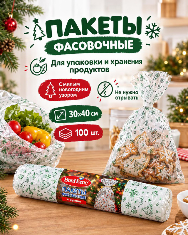 Пакеты фасовочные в рулоне, BonHome, 30х40 см, 30 шт., в ассортименте