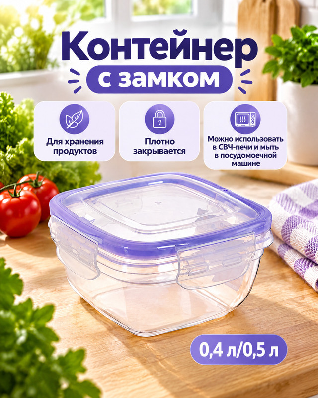 Контейнер с замком, 0,4 л/0,5 л, в ассортименте