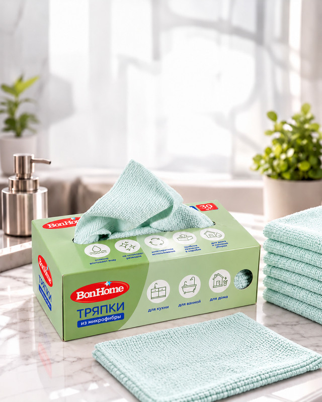 Тряпки из микрофибры, BonHome, 20х20 см, 30 шт., в ассортименте
