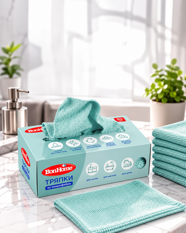 Тряпки из микрофибры, BonHome, 20х20 см, 30 шт., в ассортименте