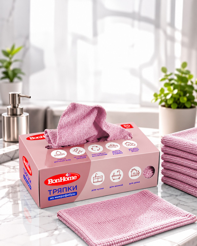 Тряпки из микрофибры, BonHome, 20х20 см, 30 шт., в ассортименте