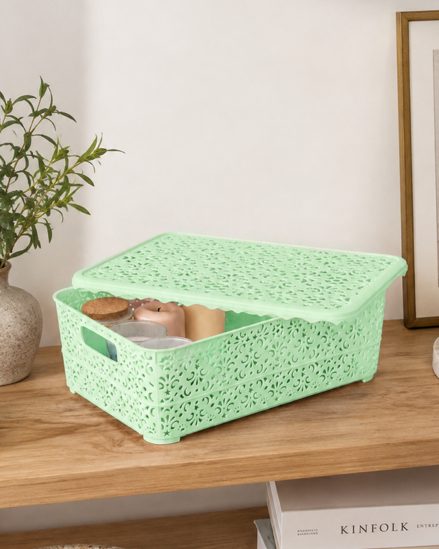 Openwork basket with lid, 350x240x115