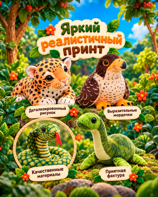 Игрушка мягкая с принтом "Животный мир", Play the Game, в ассортименте