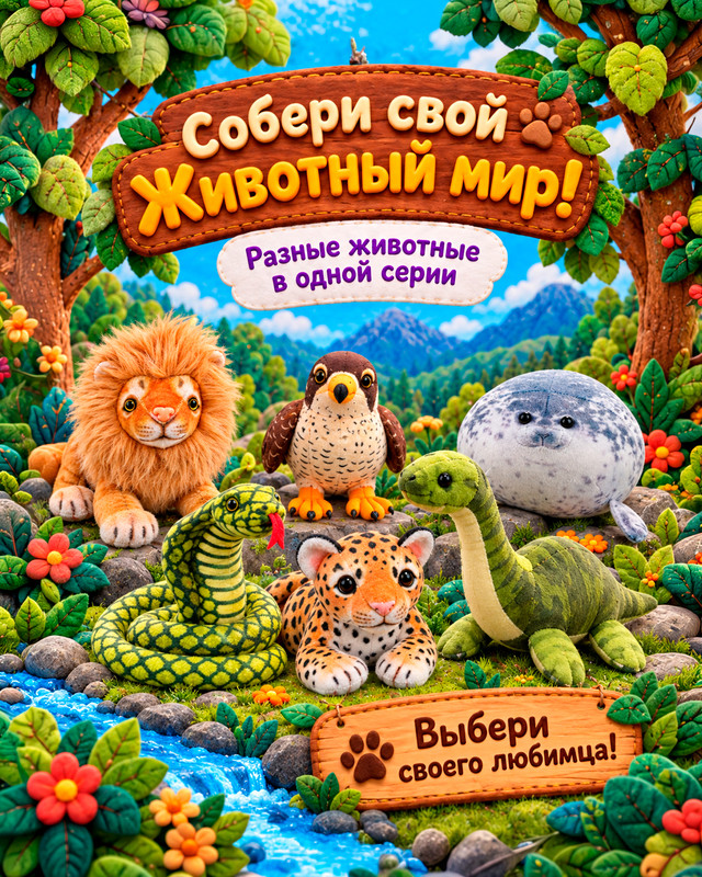 Игрушка мягкая с принтом "Животный мир", Play the Game, в ассортименте