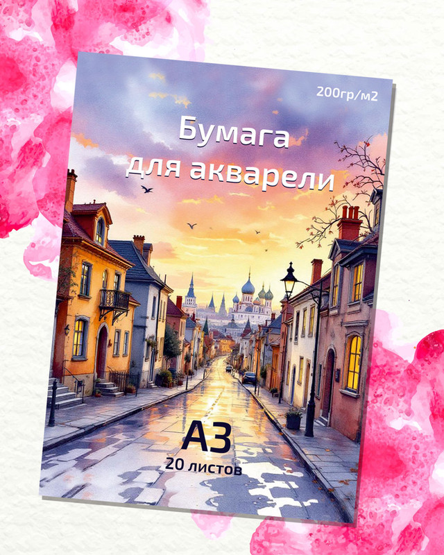 Бумага для акварели, А3, 20 листов, в ассортименте