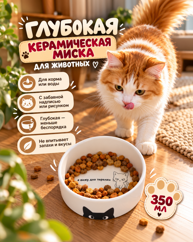 Глубокая керамическая миска для животных, Pet Club, 12,5х4,7 см, в ассортименте