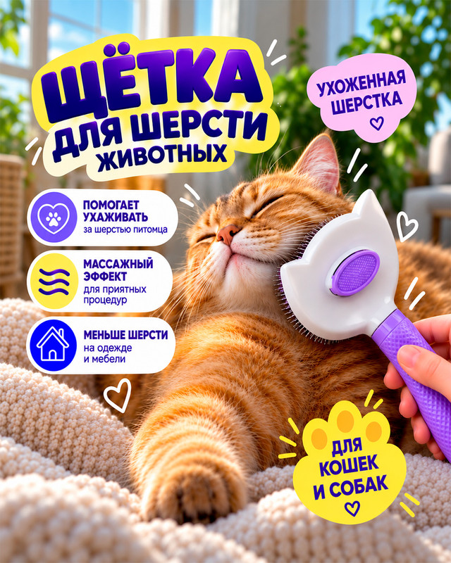 Щётка для шерсти животных, Pet Club, 20х10 см, в ассортименте